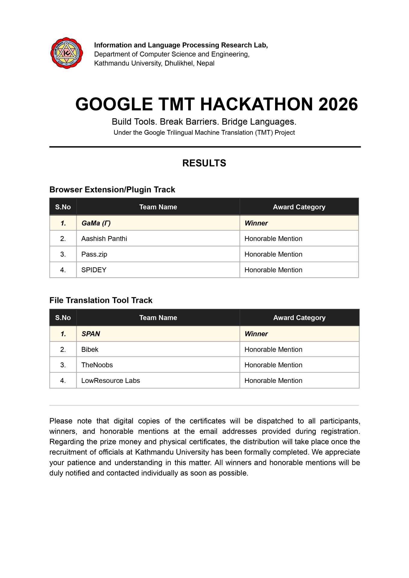 Google TMT Hackathon 2026 - Official Results Announcement